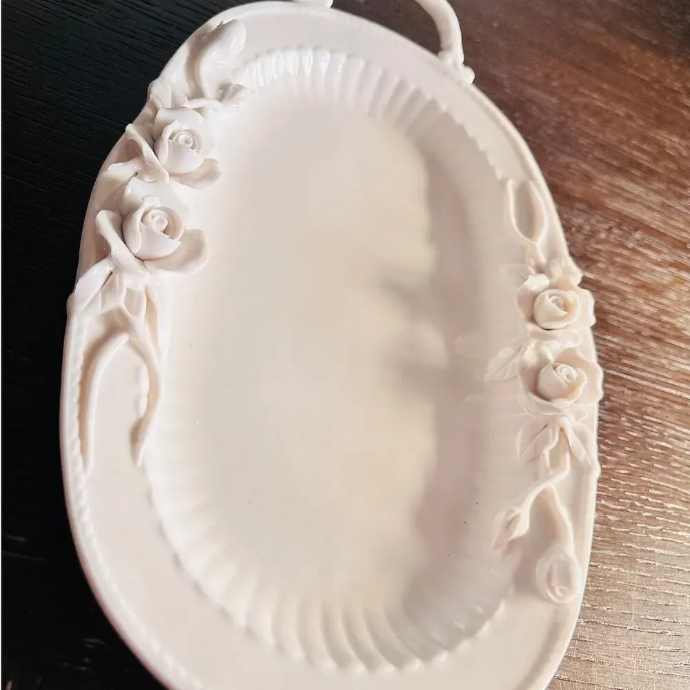 Grace Tea Ware White Porcelain Serving Tray Applied Roses Double Handle 12